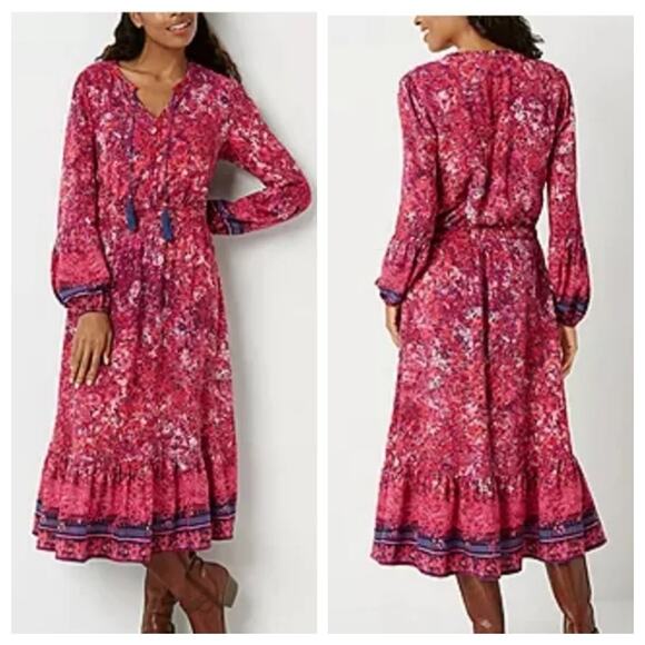 Frye and Co Dress XL Midi Floral Tassel Rayon Western Peasant Boho Canyon - Picture 1 of 8